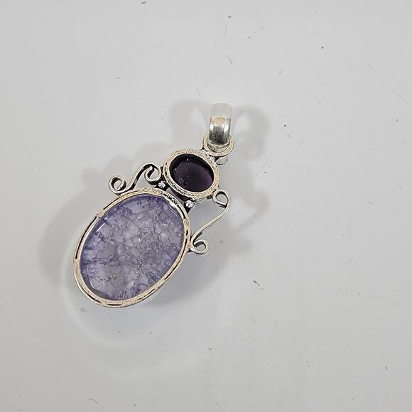 Handmade Silver Pendant with Crackled Amethyst and Deep Purple Gem - Picture 2 of 10